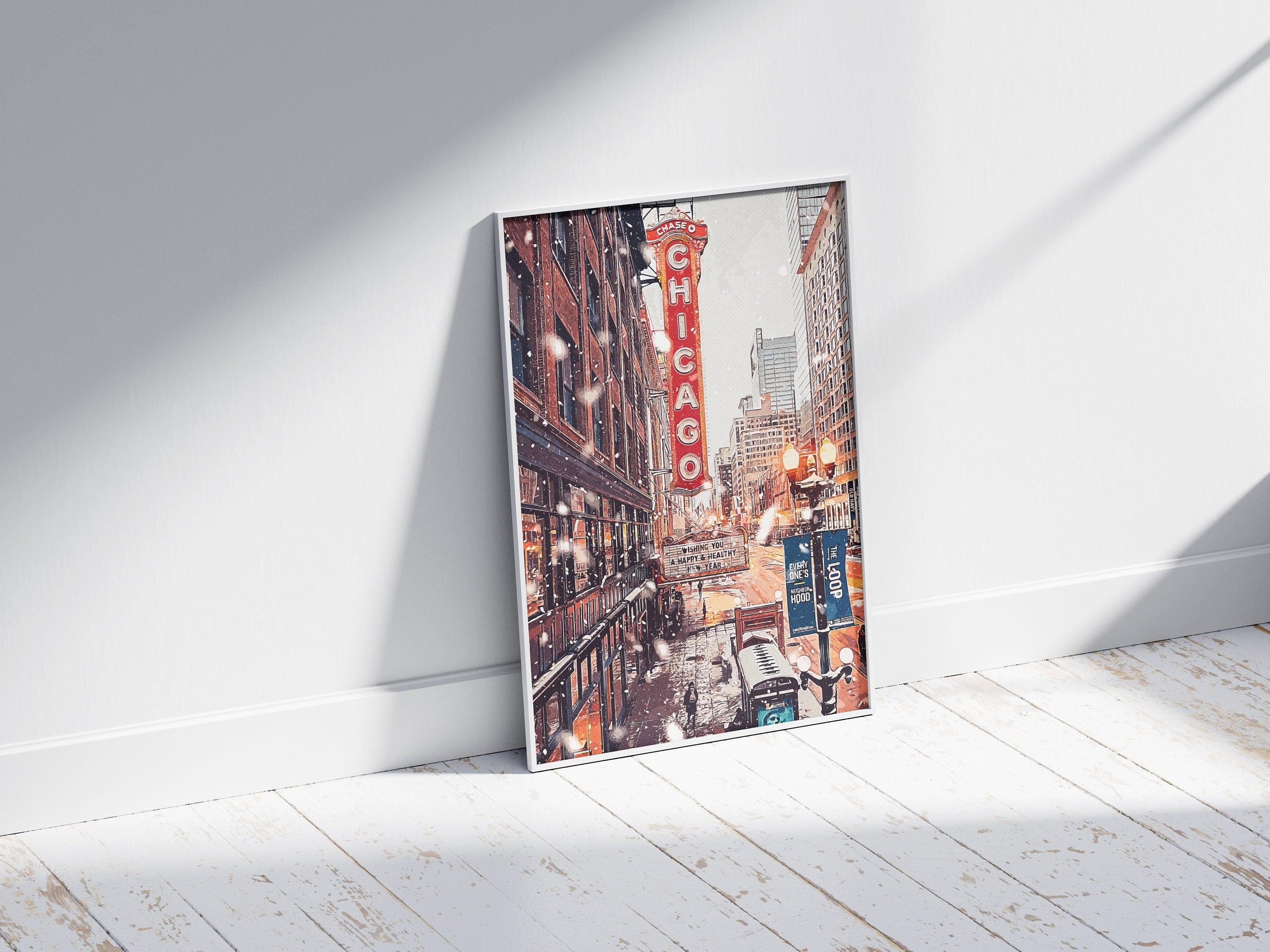 Chicago Poster, Christmas Winter Light Print, Theater Sign, Illinois State Gift, Snowflake Photo, New Year Light, United States Poster