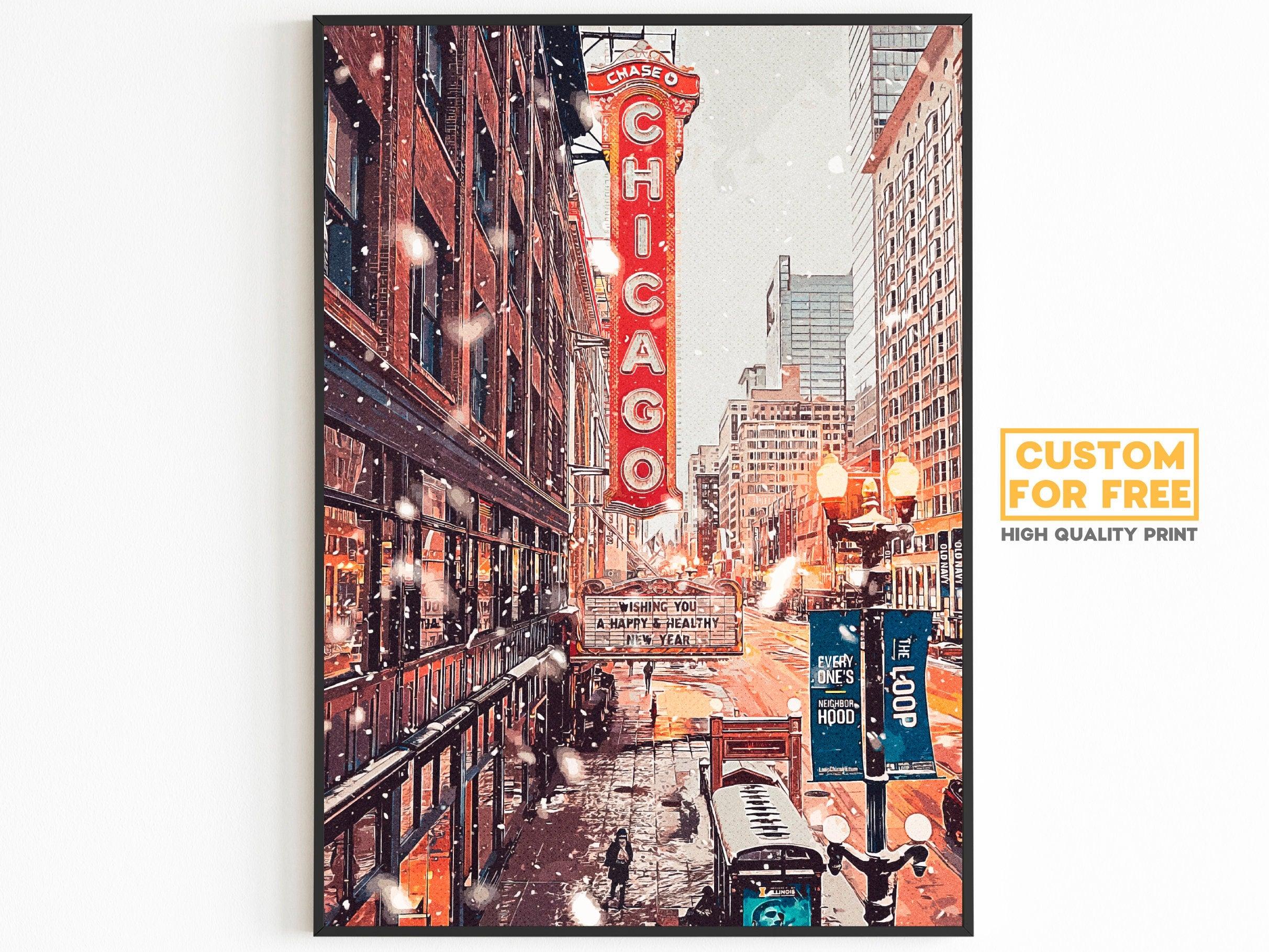 Chicago Poster, Christmas Winter Light Print, Theater Sign, Illinois State Gift, Snowflake Photo, New Year Light, United States Poster