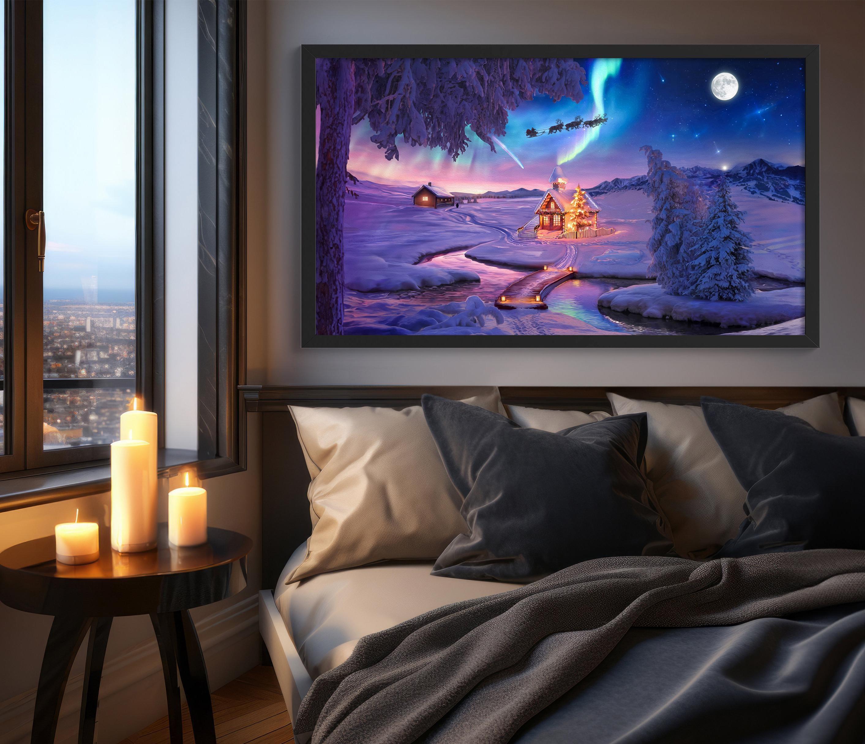 Santa Claus Christmas Village Printable Decor, Aurora Borealis Light Art, Lapland Christmas Tree Light Poster, Colorful Starry Sky Night