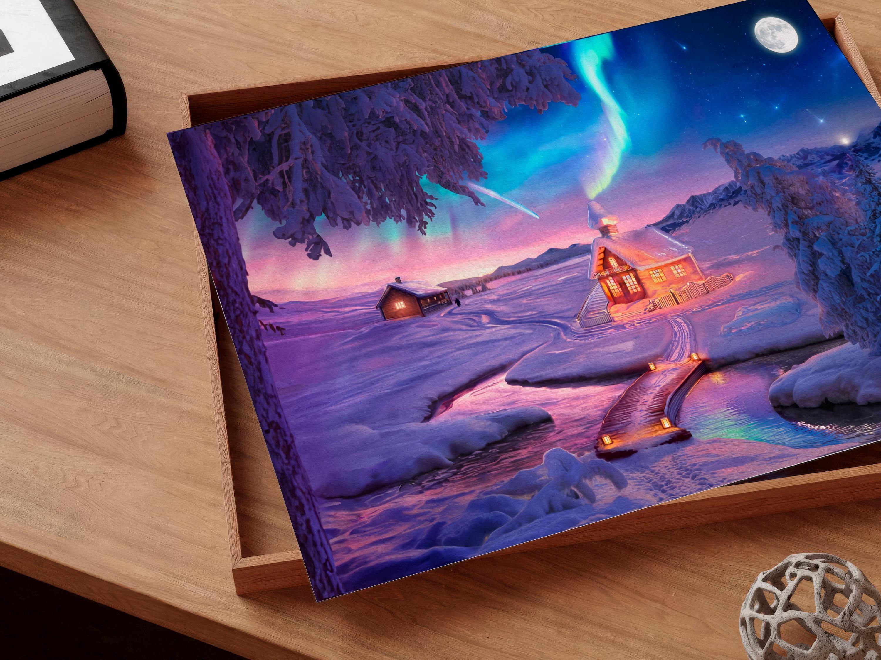 Colorful Winter Wonderland Poster - Dream Night, Northern Lights Mountain, Moon Phase Print, Starry Sky Night, Oil Painting Panoramic Art